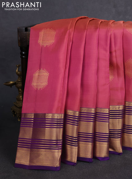 Kanchipuram silk saree pink and violet with allover zari woven buttas and long rich zari woven border