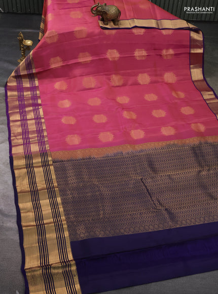 Kanchipuram silk saree pink and violet with allover zari woven buttas and long rich zari woven border