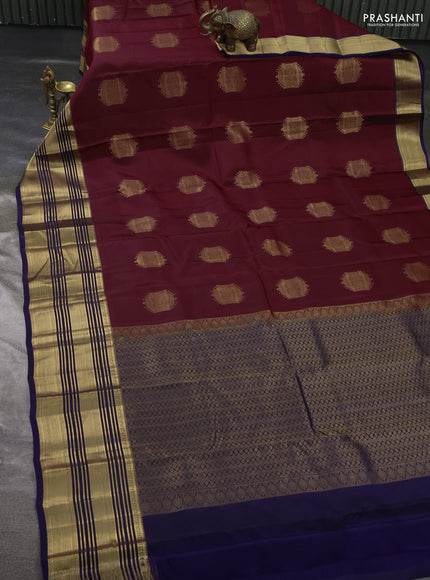 Kanchipuram silk saree maroon and navy blue with allover zari woven buttas and long rich zari woven border