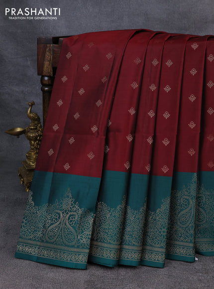 Kanchipuram soft silk saree maroon and green with allover zari woven buttas and zari woven border
