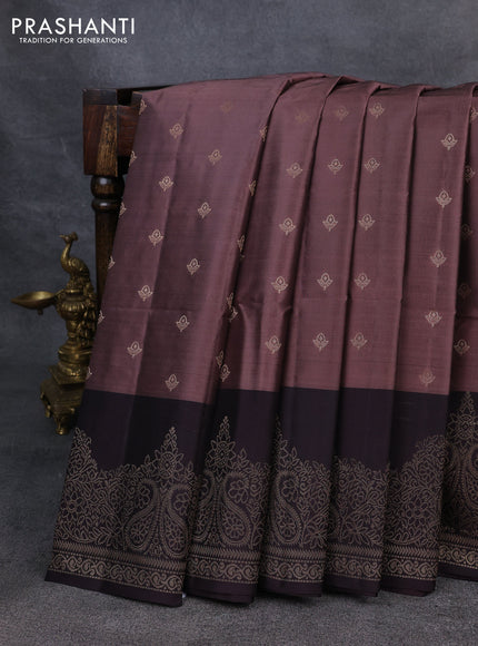 Kanchipuram soft silk saree pastel brown and deep wine with allover zari woven buttas and zari woven border