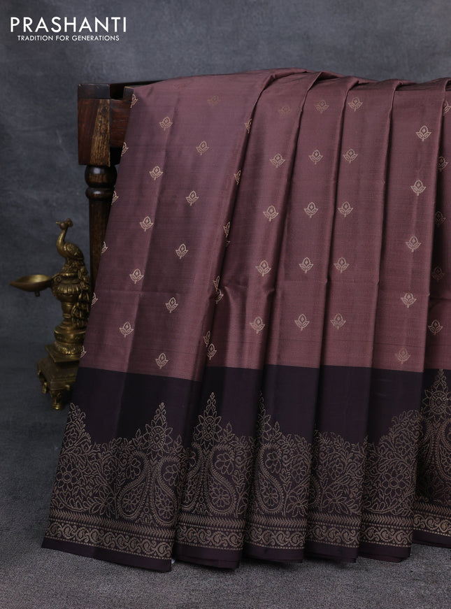 Kanchipuram soft silk saree pastel brown and deep wine with allover zari woven buttas and zari woven border