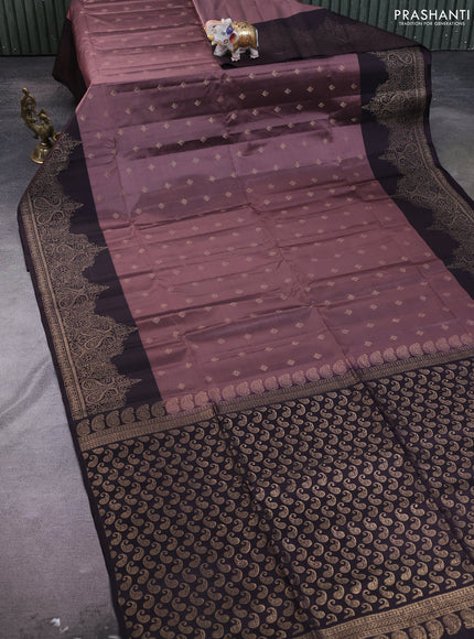 Kanchipuram soft silk saree pastel brown and deep wine with allover zari woven buttas and zari woven border