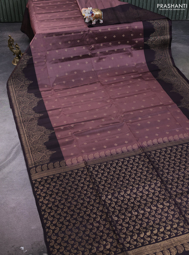Kanchipuram soft silk saree pastel brown and deep wine with allover zari woven buttas and zari woven border