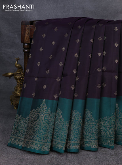 Kanchipuram soft silk saree deep jamun and green with allover zari woven buttas and zari woven border