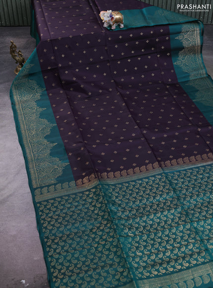 Kanchipuram soft silk saree deep jamun and green with allover zari woven buttas and zari woven border