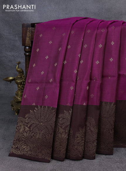 Kanchipuram soft silk saree magenta pink and coffee brown with allover zari woven buttas and zari woven border