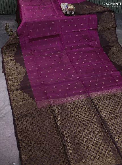 Kanchipuram soft silk saree magenta pink and coffee brown with allover zari woven buttas and zari woven border