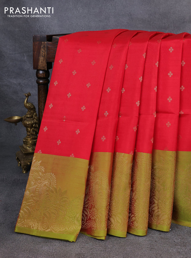 Kanchipuram soft silk saree red and dual shade of green with allover zari woven buttas and zari woven border
