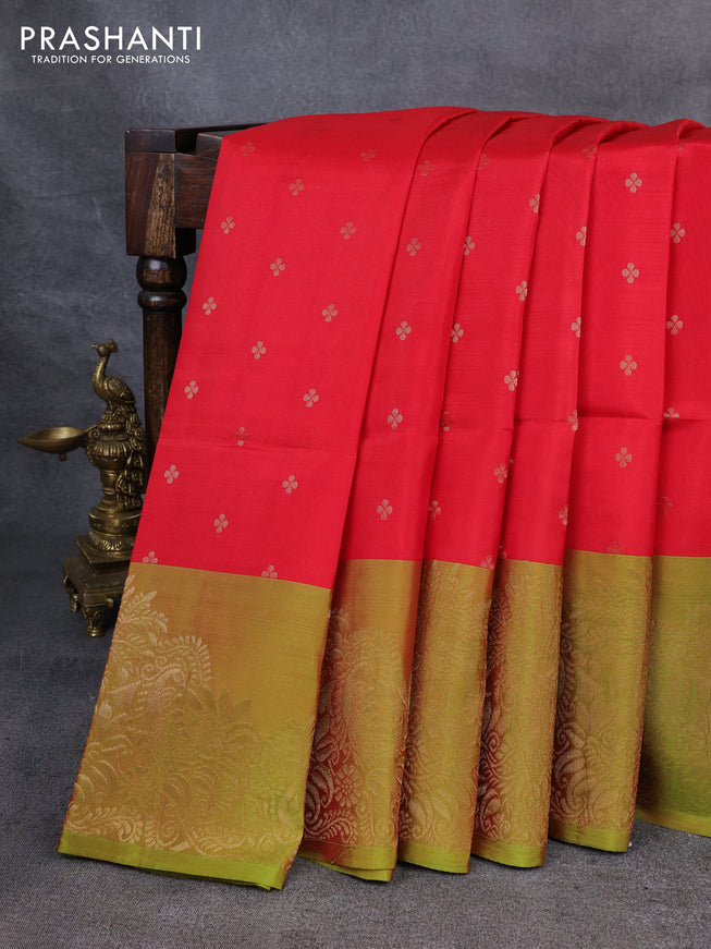 Kanchipuram soft silk saree red and dual shade of green with allover zari woven buttas and zari woven border