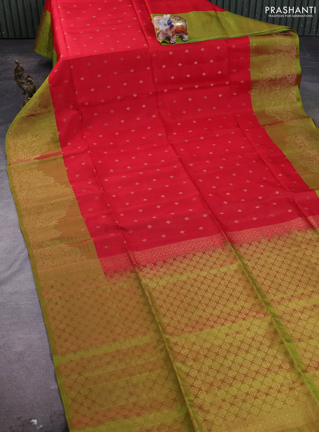 Kanchipuram soft silk saree red and dual shade of green with allover zari woven buttas and zari woven border