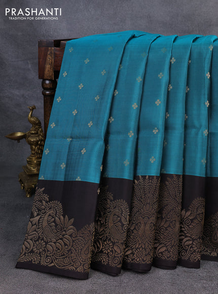 Kanchipuram soft silk saree teal green and coffee brown with allover zari woven buttas and zari woven border