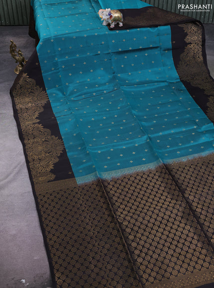Kanchipuram soft silk saree teal green and coffee brown with allover zari woven buttas and zari woven border