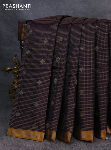 Kanchipuram soft silk saree coffee brown and mustard yellow with allover zari checks & buttas and simple zari border