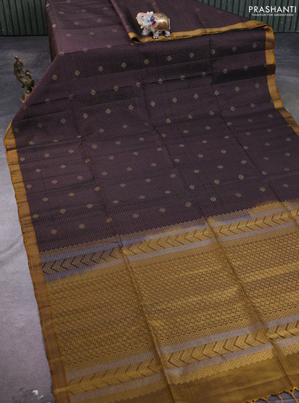 Kanchipuram soft silk saree coffee brown and mustard yellow with allover zari checks & buttas and simple zari border