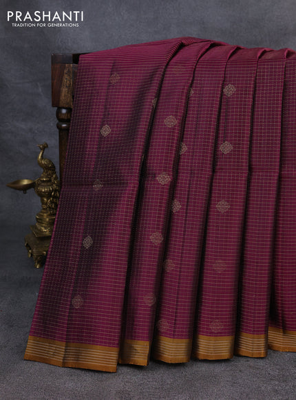 Kanchipuram soft silk saree dark magenta pink and mustard yellow with allover zari checks & buttas and simple zari border