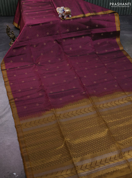 Kanchipuram soft silk saree dark magenta pink and mustard yellow with allover zari checks & buttas and simple zari border