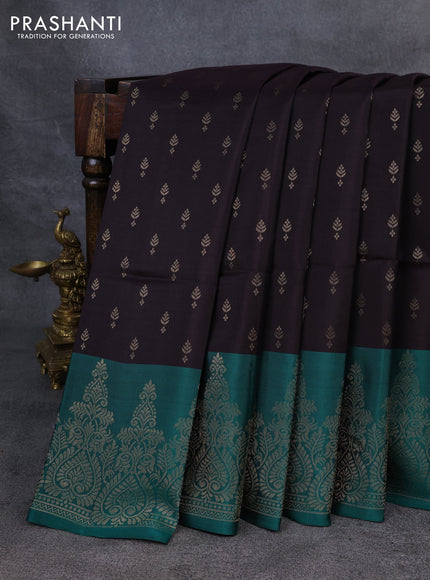 Kanchipuram soft silk saree coffee brown and green with zari woven buttas and zari woven border
