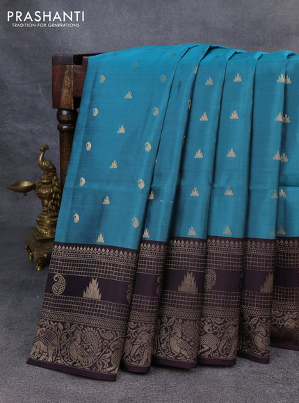 Kanchipuram soft silk saree teal shade and deep wine with zari woven buttas and zari woven border