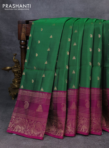 Kanchipuram soft silk saree green and magenta pink with zari woven buttas and zari woven border
