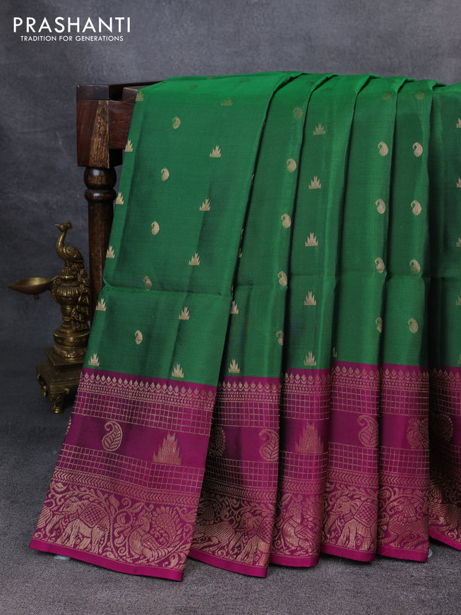 Kanchipuram soft silk saree green and magenta pink with zari woven buttas and zari woven border