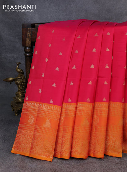 Kanchipuram soft silk saree pink and mango yellow with zari woven buttas and zari woven border