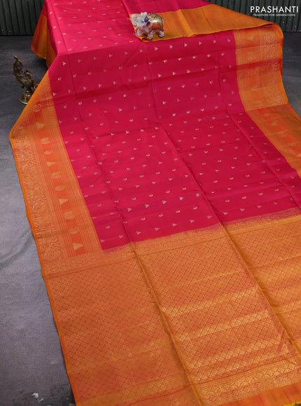 Kanchipuram soft silk saree pink and mango yellow with zari woven buttas and zari woven border