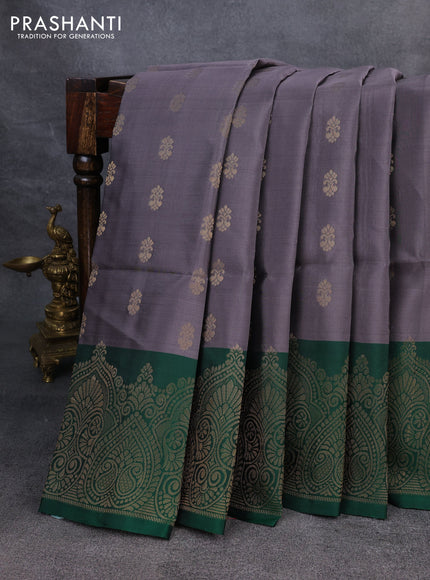 Kanchipuram soft silk saree grey and green with zari woven buttas and zari woven border