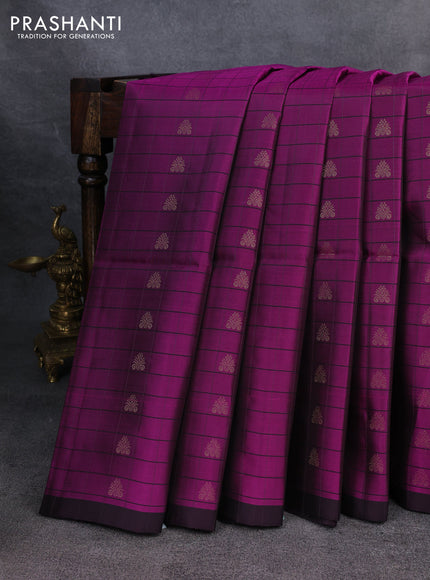 Kanchipuram soft silk saree purple and deep wine with allover checked pattern & zari buttas and simple border