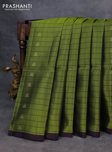Kanchipuram soft silk saree green and deep wine with allover checked pattern & zari buttas and simple border