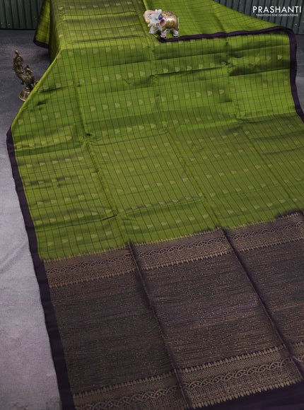 Kanchipuram soft silk saree green and deep wine with allover checked pattern & zari buttas and simple border