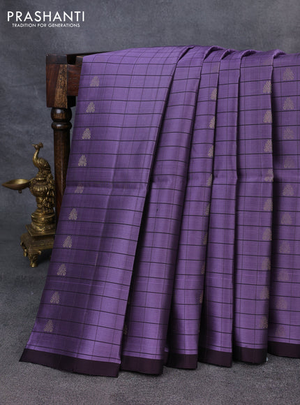Kanchipuram soft silk saree lavender and deep wine with allover checked pattern & zari buttas and simple border