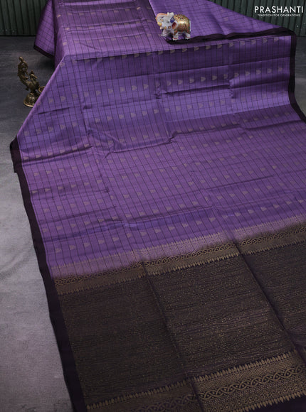 Kanchipuram soft silk saree lavender and deep wine with allover checked pattern & zari buttas and simple border