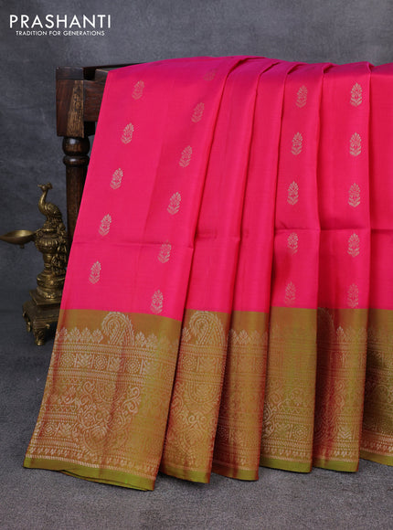 Kanchipuram soft silk saree pink and dual shade of green with zari woven buttas and zari woven border