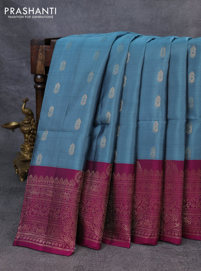 Kanchipuram soft silk saree pastel blue and purple with zari woven buttas and zari woven border