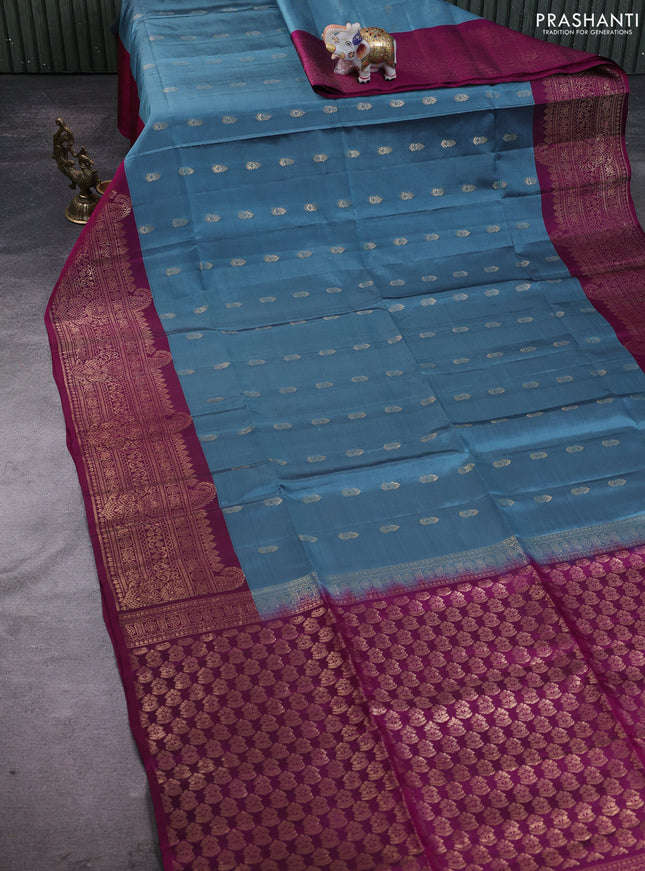 Kanchipuram soft silk saree pastel blue and purple with zari woven buttas and zari woven border