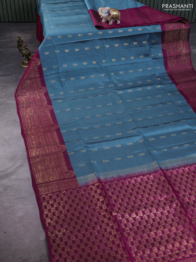Kanchipuram soft silk saree pastel blue and purple with zari woven buttas and zari woven border