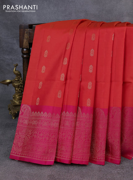 Kanchipuram soft silk saree orange and pink with zari woven buttas and zari woven border