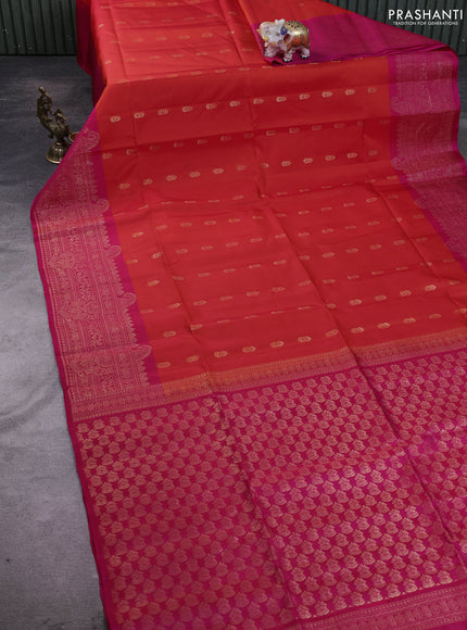 Kanchipuram soft silk saree orange and pink with zari woven buttas and zari woven border