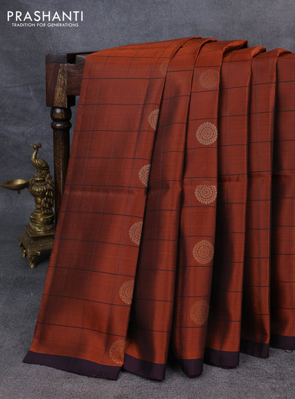 Kanchipuram soft silk saree rust and deep wine with allover checked pattern & zari buttas and simple border