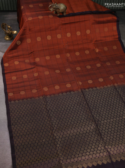 Kanchipuram soft silk saree rust and deep wine with allover checked pattern & zari buttas and simple border
