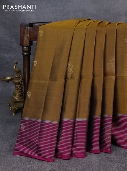 Kanchipuram soft silk saree mustard yellow and magenta pink with zari woven buttas and zari woven border