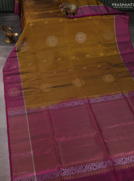 Kanchipuram soft silk saree mustard yellow and magenta pink with zari woven buttas and zari woven border