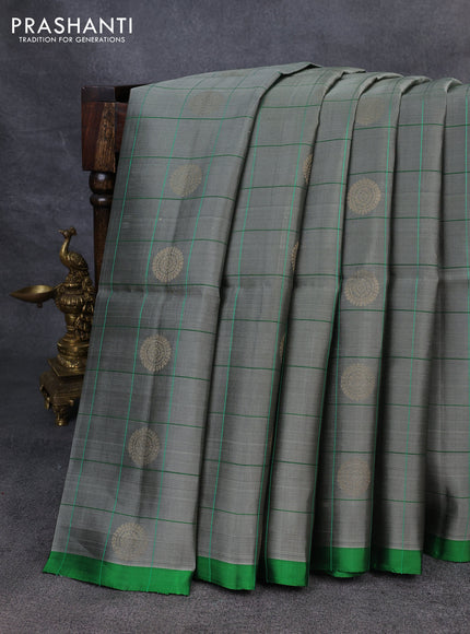 Kanchipuram soft silk saree grey and green with allover checked pattern & zari buttas in borderless style