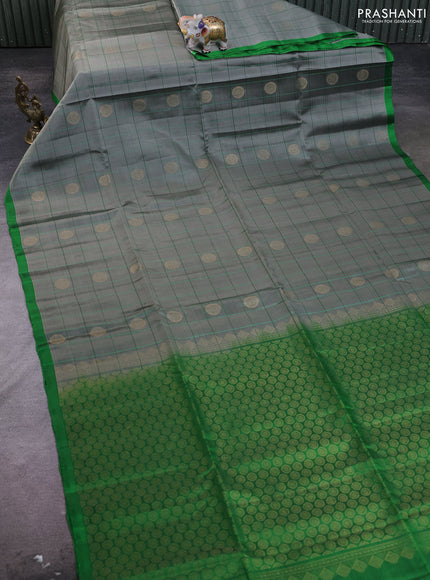 Kanchipuram soft silk saree grey and green with allover checked pattern & zari buttas in borderless style