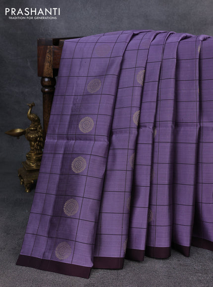 Kanchipuram soft silk saree lavender and deep jamun with allover checked pattern & zari buttas in borderless style