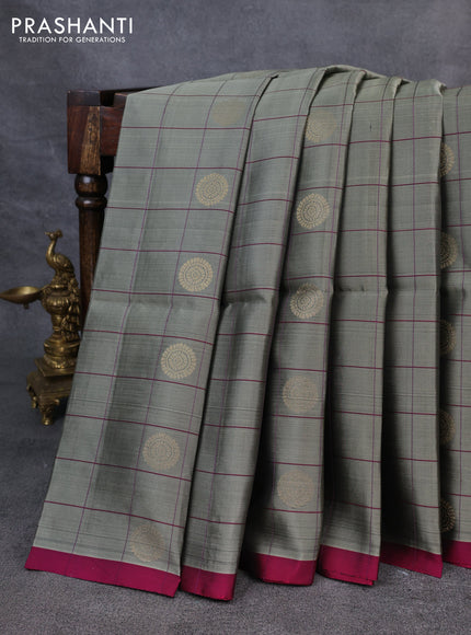 Kanchipuram soft silk saree grey and purple with allover checked pattern & zari buttas in borderless style