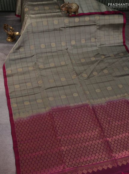 Kanchipuram soft silk saree grey and purple with allover checked pattern & zari buttas in borderless style