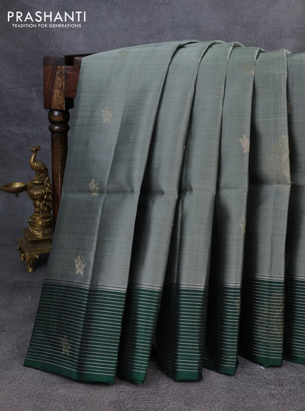 Kanchipuram soft silk saree grey and green with zari woven buttas and zari woven border