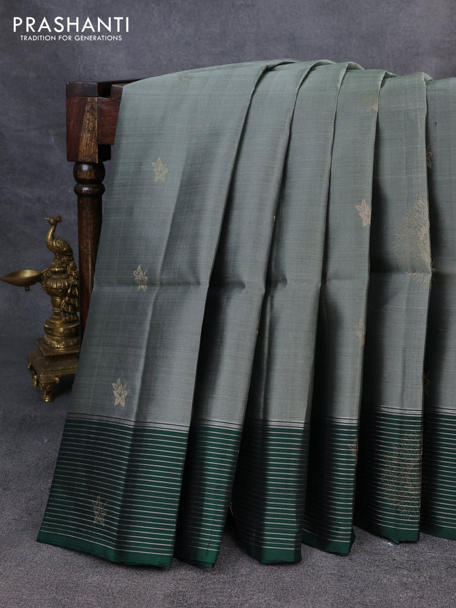Kanchipuram soft silk saree grey and green with zari woven buttas and zari woven border
